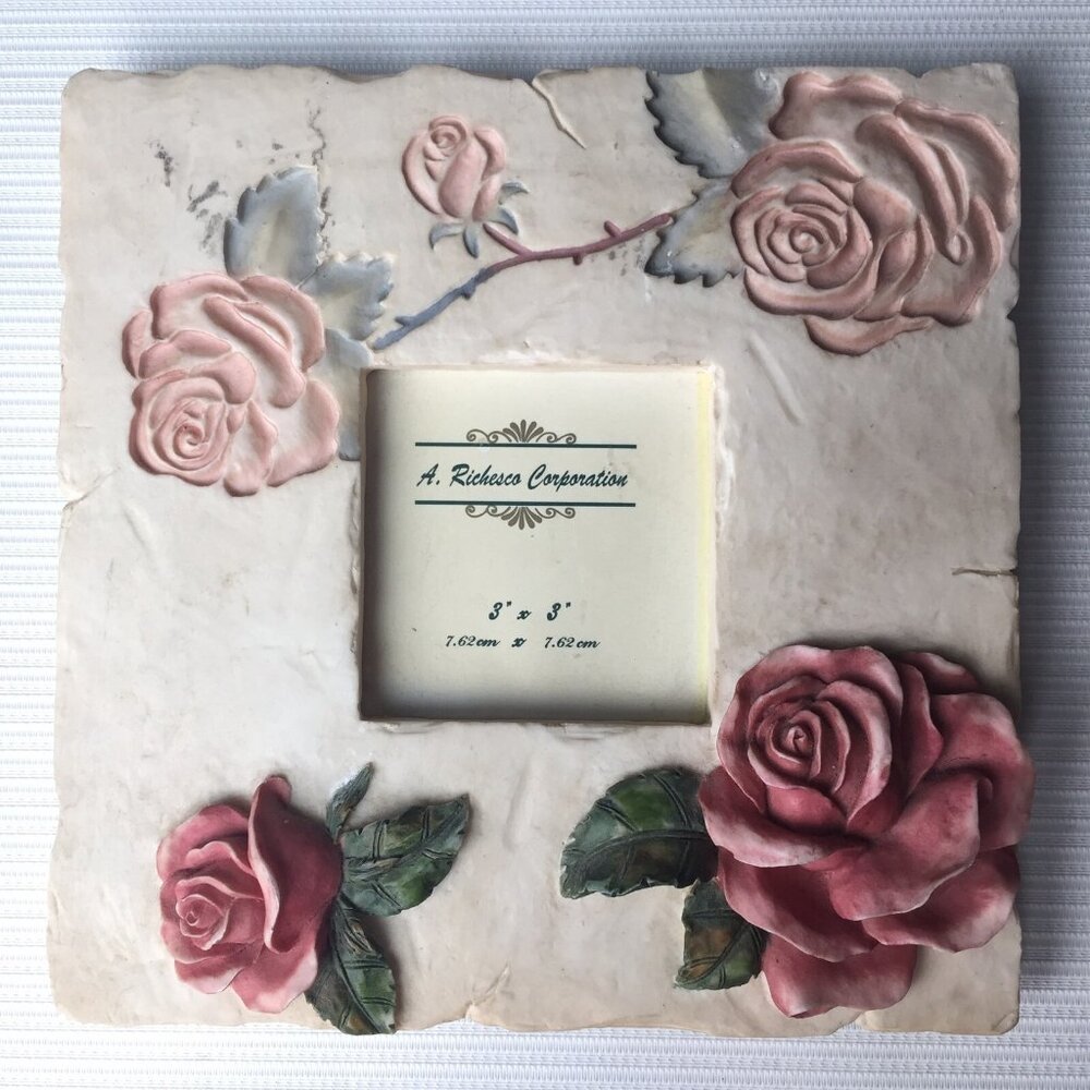 A. Richesco Coporation Picture Frame Rose Floral Flower 3D Resin Art 3"x3" Photo